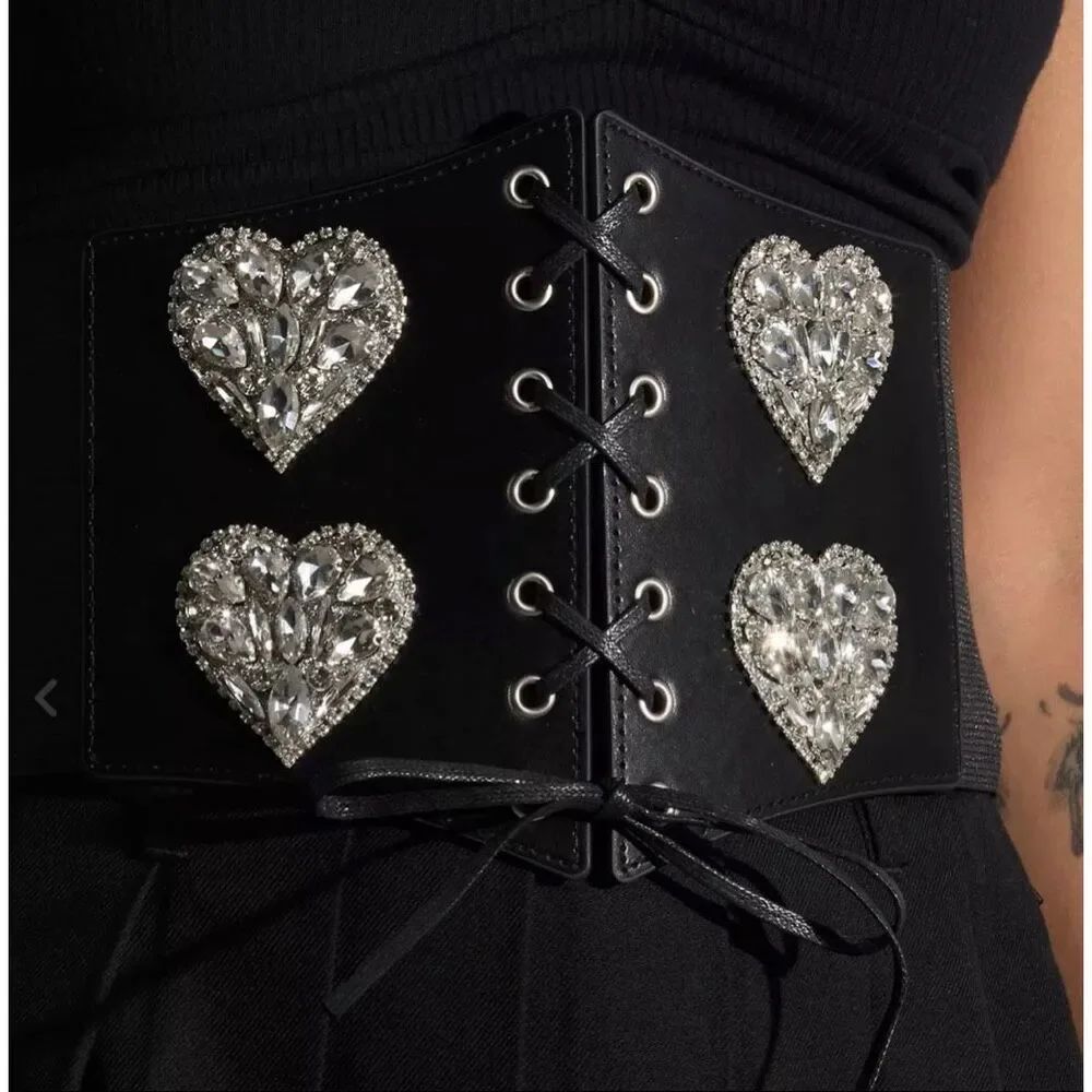 Hot Topic Black Rhinestone Heart Lace-Up Corset Belt Size S/M New